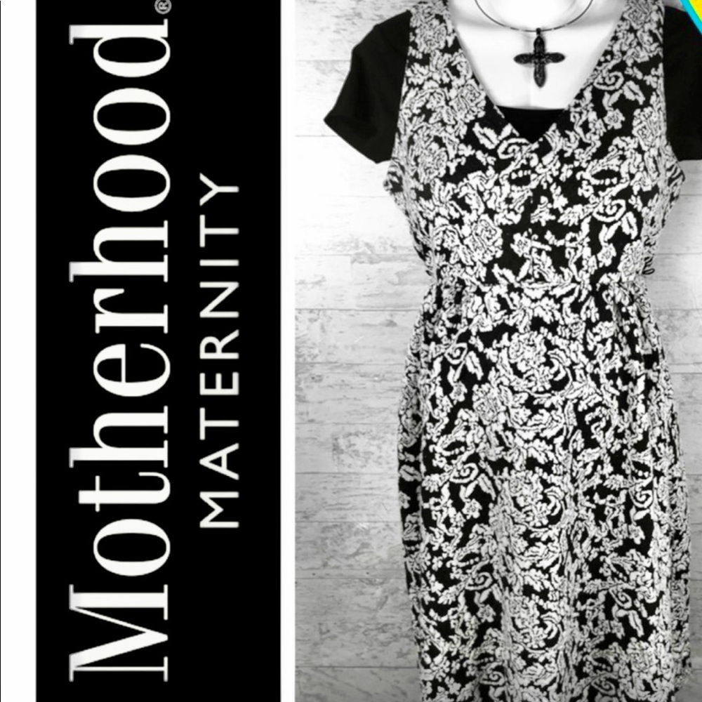Motherhood Maternity Empire Black/White MIDI Dress Sz M XC